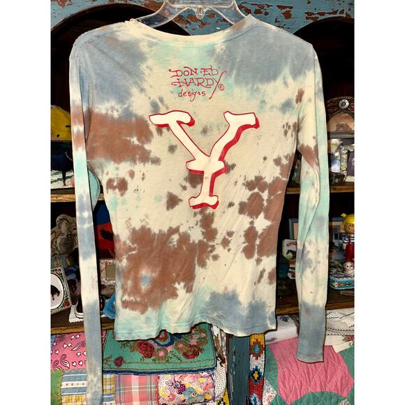 RARE VINTAGE Y2K ED HARDY TIE DYE ASIAN MOTIF LONG SLEEVED LIGHTWEIGHT TEE S - Picture 10 of 11